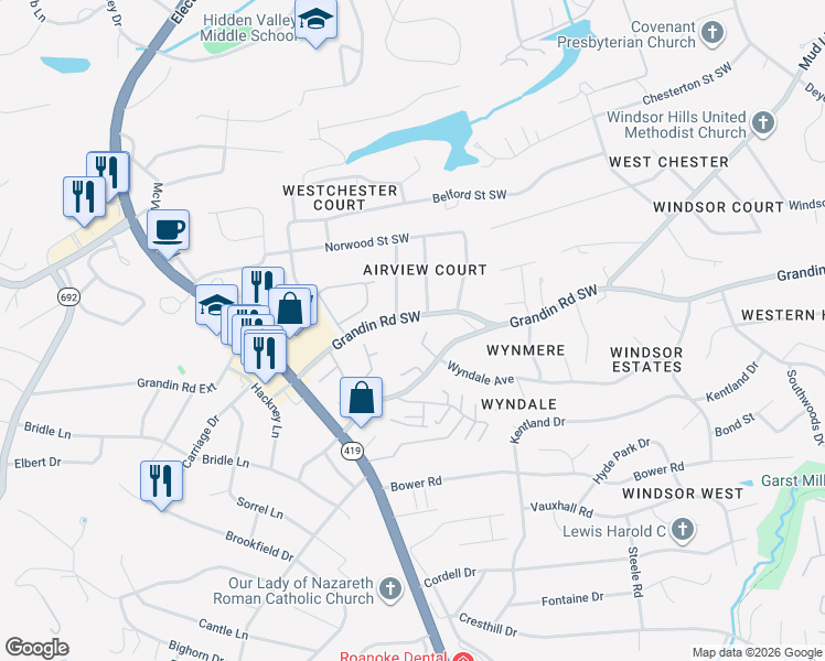 map of restaurants, bars, coffee shops, grocery stores, and more near 4700 Grandin Rd SW in Roanoke