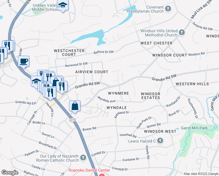 map of restaurants, bars, coffee shops, grocery stores, and more near 4512 Grandin Road Southwest in Roanoke