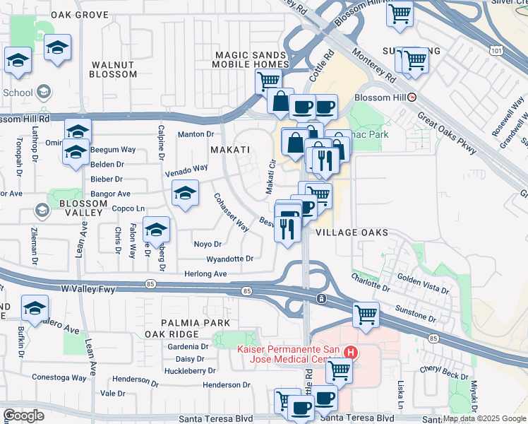 map of restaurants, bars, coffee shops, grocery stores, and more near 5691 Makati Circle in San Jose