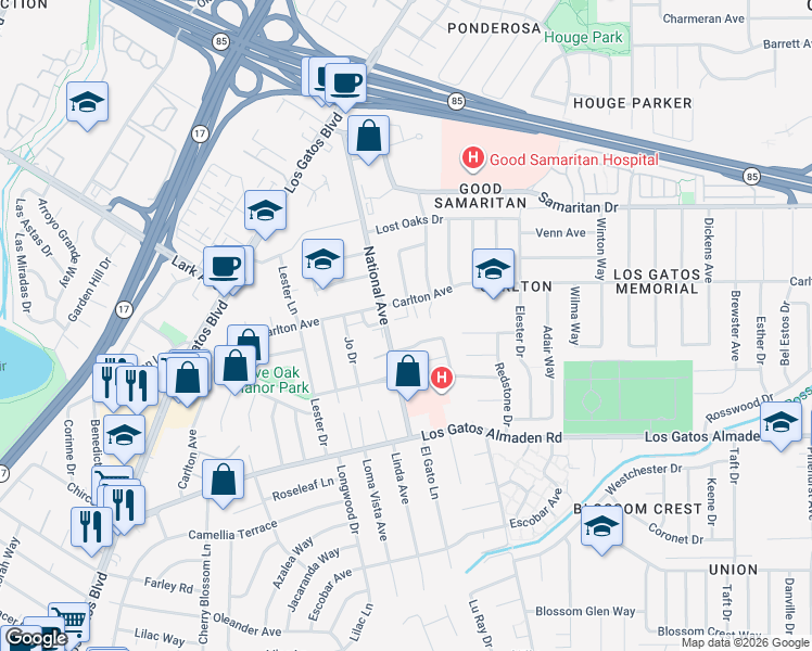map of restaurants, bars, coffee shops, grocery stores, and more near 4960 National Avenue in San Jose
