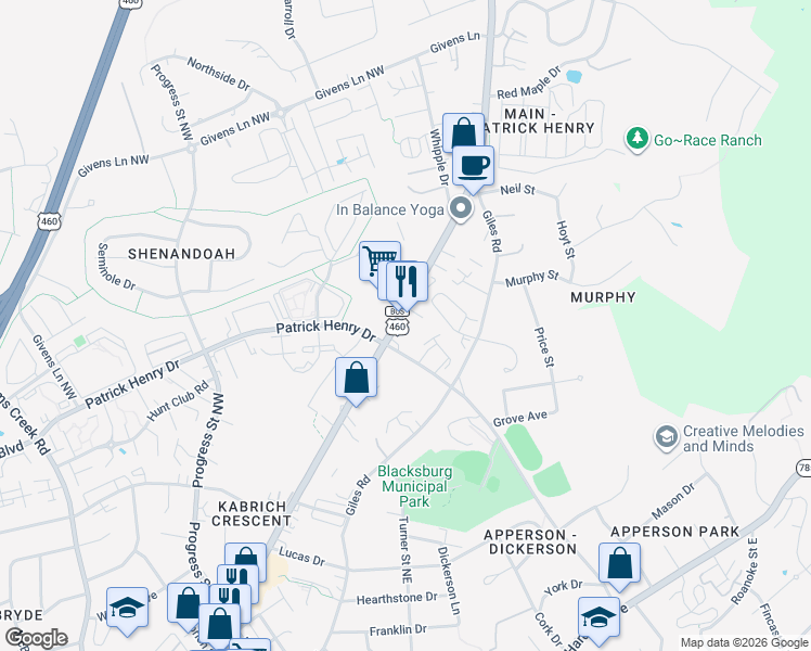 map of restaurants, bars, coffee shops, grocery stores, and more near 880 Patrick Henry Drive in Blacksburg