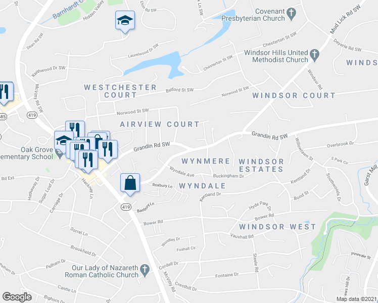 map of restaurants, bars, coffee shops, grocery stores, and more near 4516 Grandin Road Southwest in Roanoke