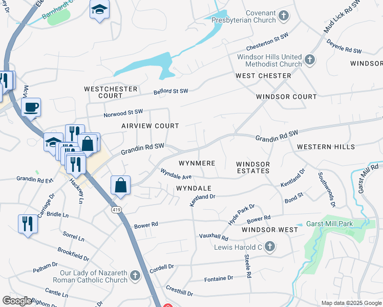 map of restaurants, bars, coffee shops, grocery stores, and more near 4426 Grandin Road Southwest in Cave Spring