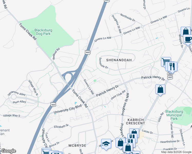 map of restaurants, bars, coffee shops, grocery stores, and more near 417 Laurence Lane in Blacksburg