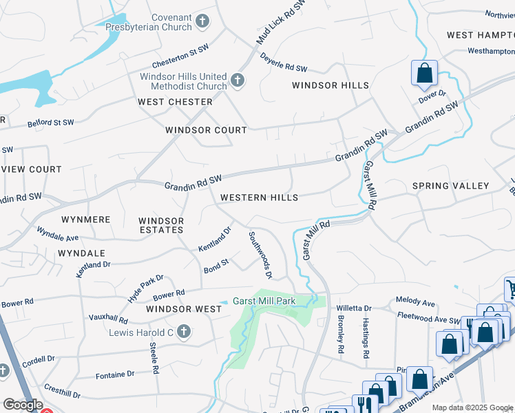 map of restaurants, bars, coffee shops, grocery stores, and more near 3513 S Park Cir in Roanoke