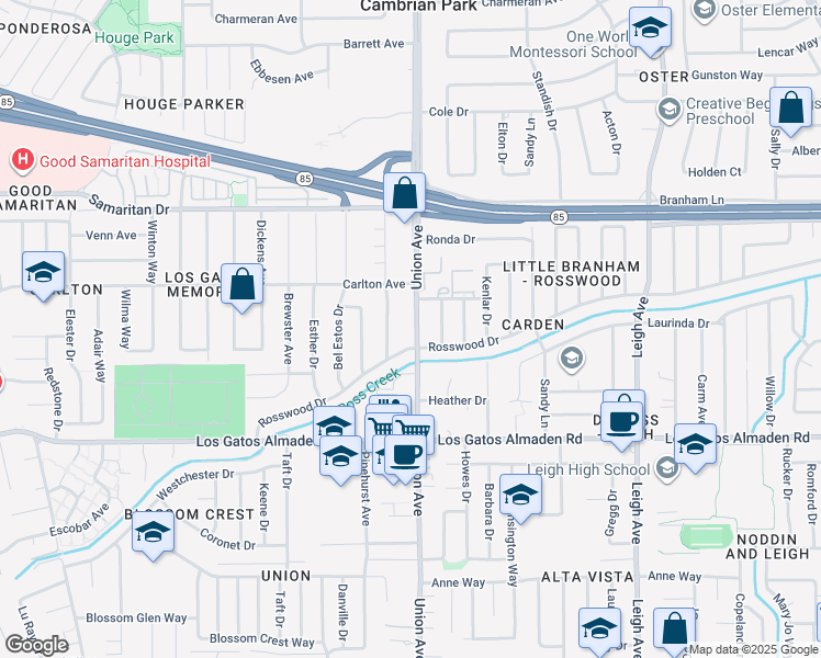 map of restaurants, bars, coffee shops, grocery stores, and more near 4971 Union Avenue in San Jose