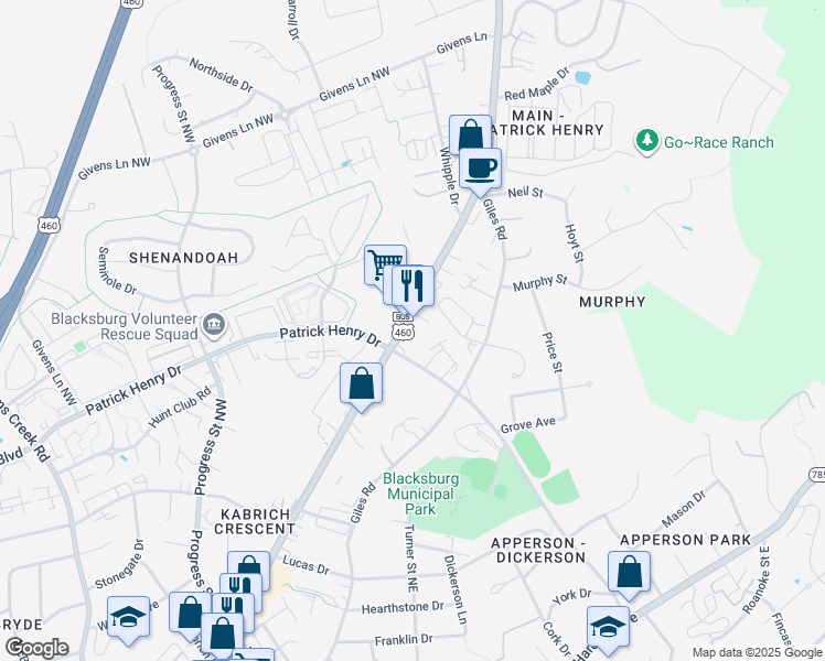 map of restaurants, bars, coffee shops, grocery stores, and more near 880 Patrick Henry Drive in Blacksburg