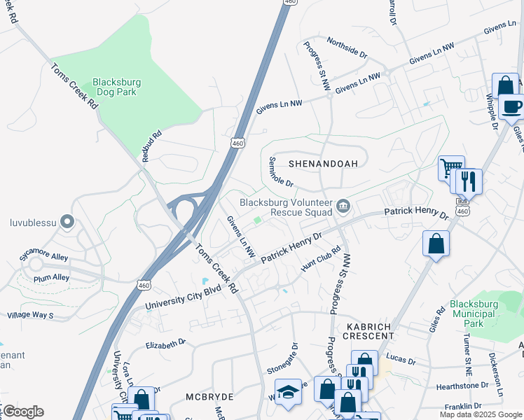 map of restaurants, bars, coffee shops, grocery stores, and more near 403 Laurence Lane in Blacksburg