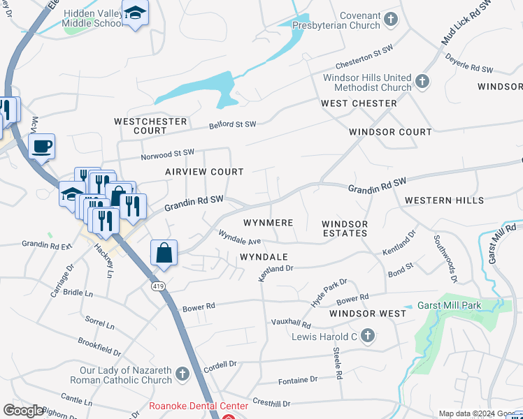 map of restaurants, bars, coffee shops, grocery stores, and more near 4426 Grandin Road Southwest in Cave Spring