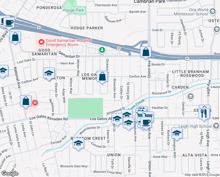 map of restaurants, bars, coffee shops, grocery stores, and more near 15236 Dickens Avenue in San Jose