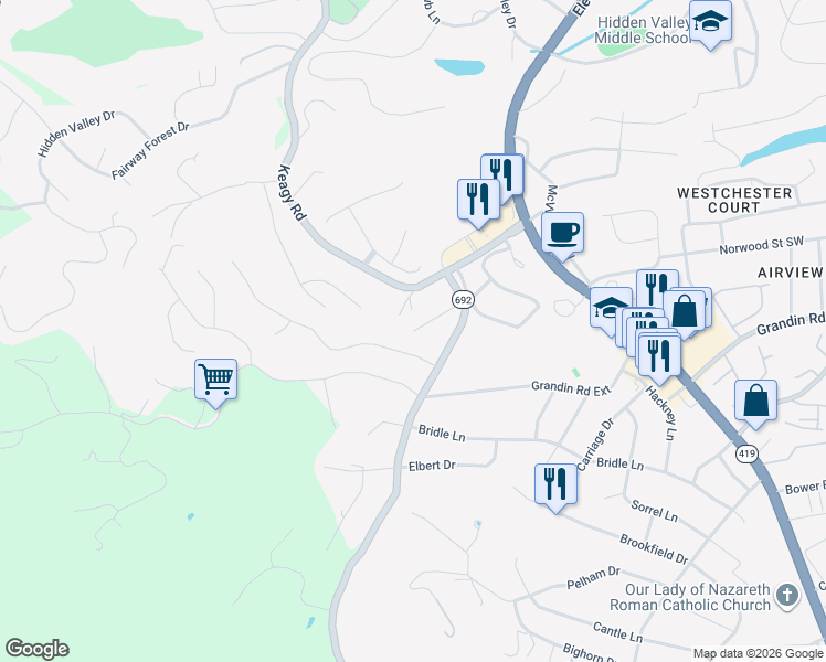 map of restaurants, bars, coffee shops, grocery stores, and more near 5425 Apple Blossom Lane in Cave Spring