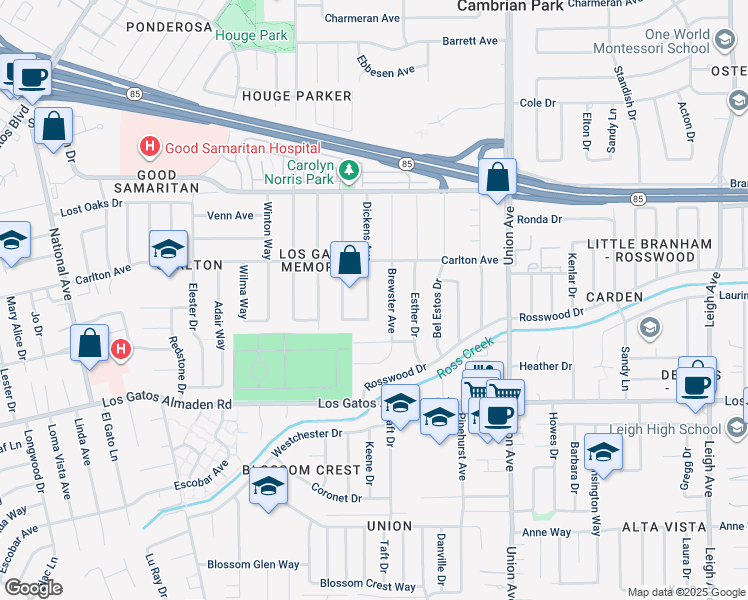 map of restaurants, bars, coffee shops, grocery stores, and more near 15236 Dickens Avenue in San Jose