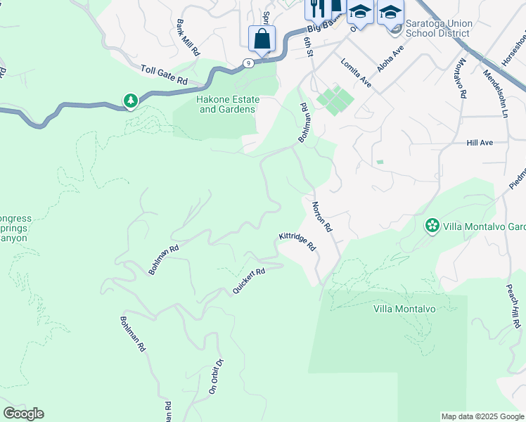 map of restaurants, bars, coffee shops, grocery stores, and more near 15269 Bohlman Road in Saratoga