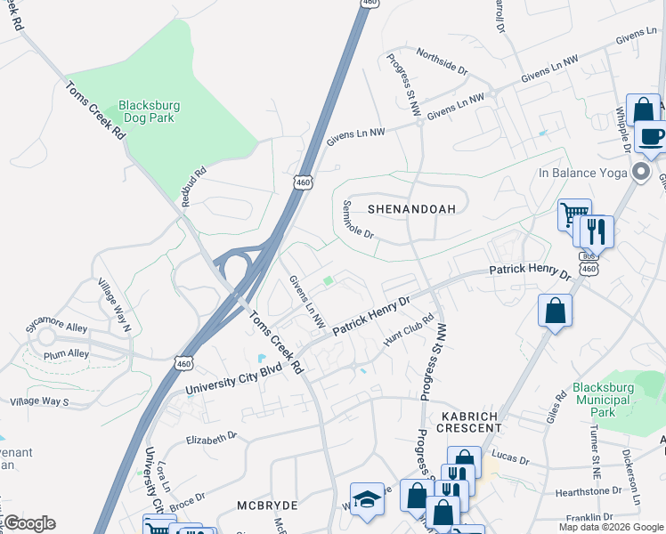map of restaurants, bars, coffee shops, grocery stores, and more near 403 Laurence Lane in Blacksburg