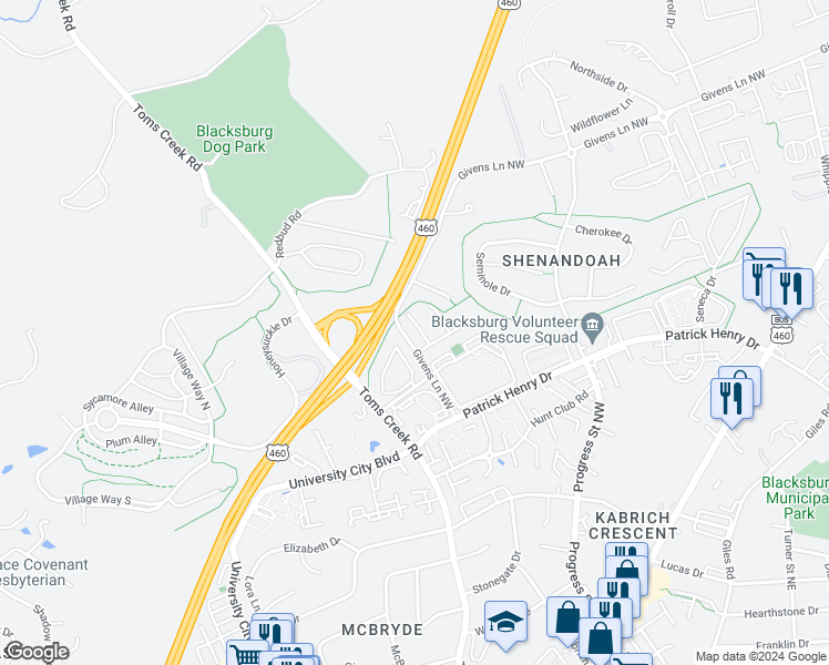 map of restaurants, bars, coffee shops, grocery stores, and more near 1415 Christine Court in Blacksburg