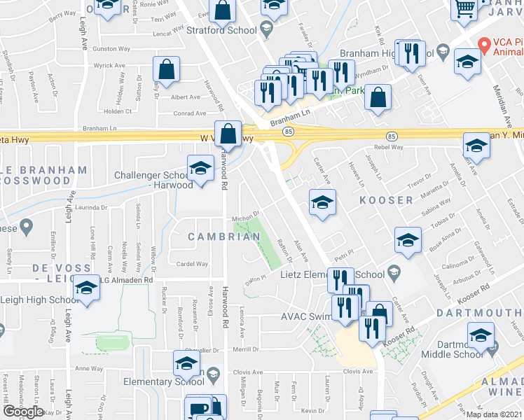 map of restaurants, bars, coffee shops, grocery stores, and more near Rafton Dr & Michon Dr in San Jose