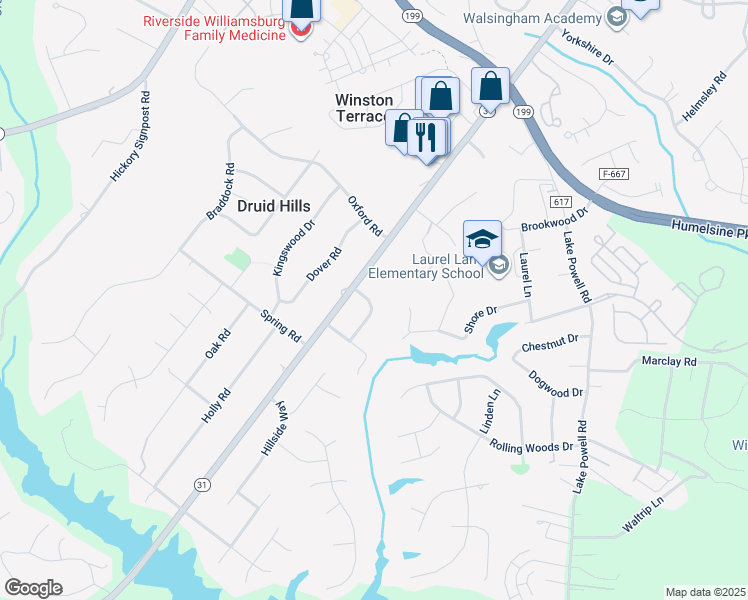 map of restaurants, bars, coffee shops, grocery stores, and more near 104 Edgewood Lane in Williamsburg