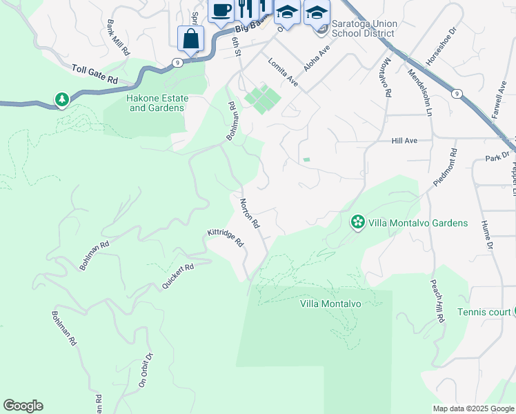 map of restaurants, bars, coffee shops, grocery stores, and more near 20685 Sigal Drive in Saratoga