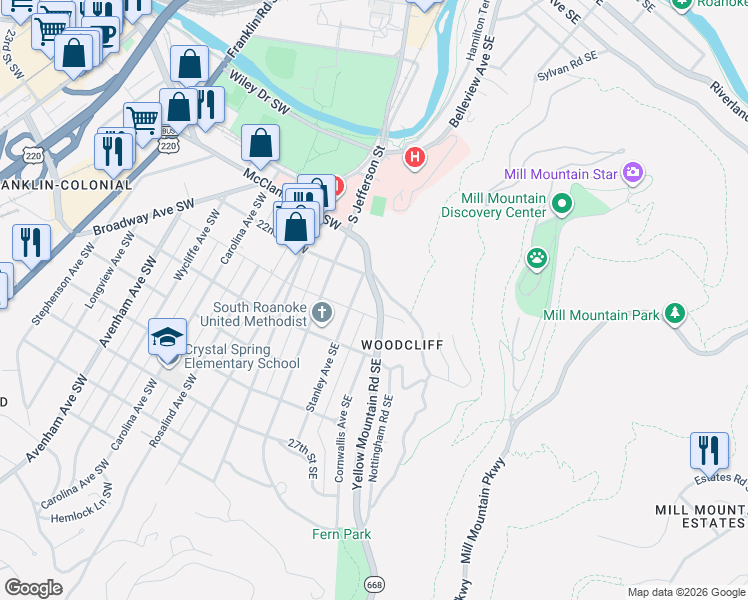 map of restaurants, bars, coffee shops, grocery stores, and more near 2302 Stanley Avenue Southeast in Roanoke