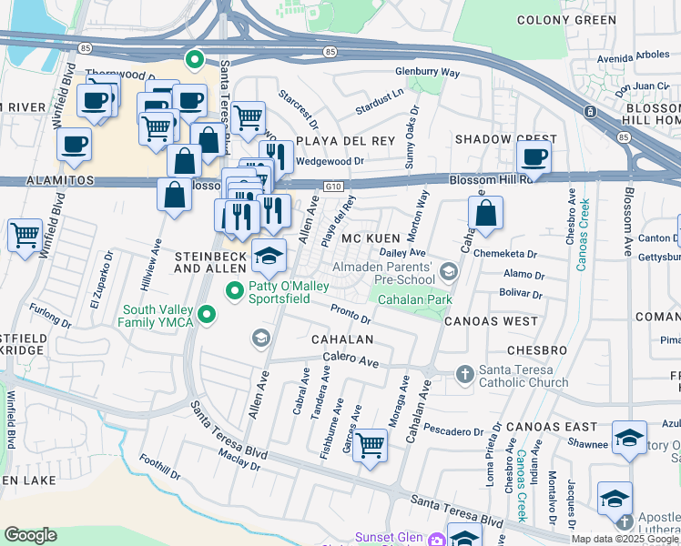 map of restaurants, bars, coffee shops, grocery stores, and more near 5716 Calmor Avenue in San Jose