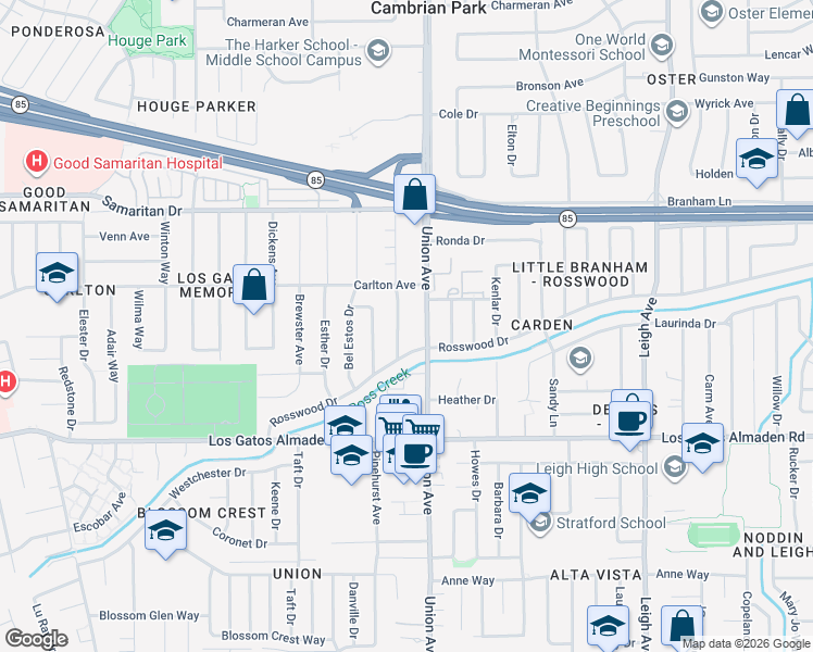 map of restaurants, bars, coffee shops, grocery stores, and more near 4990 Bel Escou Drive in San Jose