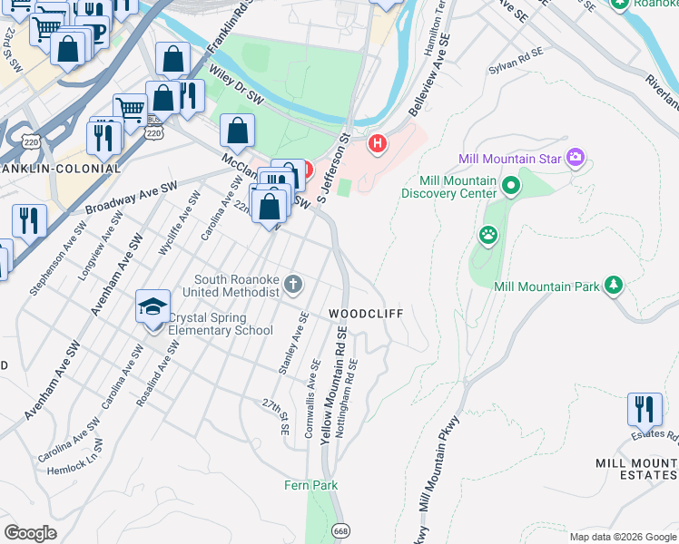 map of restaurants, bars, coffee shops, grocery stores, and more near 2302 Stanley Avenue Southeast in Roanoke
