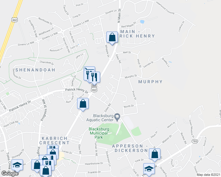 map of restaurants, bars, coffee shops, grocery stores, and more near in Blacksburg