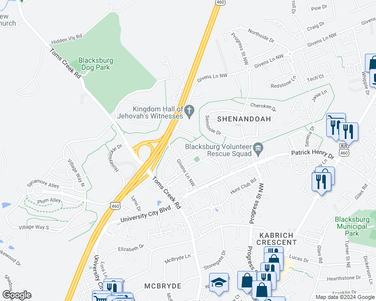 map of restaurants, bars, coffee shops, grocery stores, and more near 1405 Jennifer Drive in Blacksburg