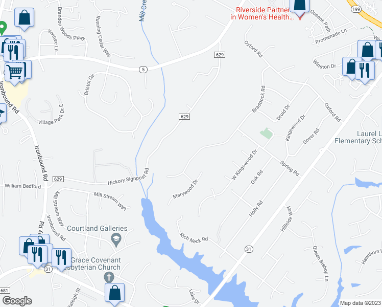 map of restaurants, bars, coffee shops, grocery stores, and more near 161 Braddock Road in Williamsburg