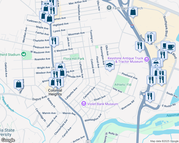 map of restaurants, bars, coffee shops, grocery stores, and more near 612 Hamilton Avenue in Colonial Heights