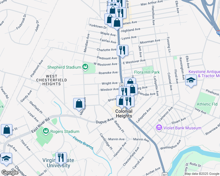 map of restaurants, bars, coffee shops, grocery stores, and more near 139 Windsor Avenue in Colonial Heights