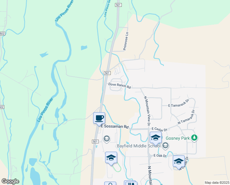 map of restaurants, bars, coffee shops, grocery stores, and more near 1624 South Taylor Circle in Bayfield