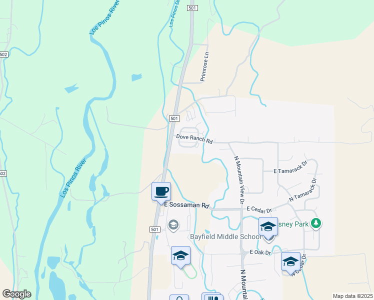 map of restaurants, bars, coffee shops, grocery stores, and more near 1624 South Taylor Circle in Bayfield