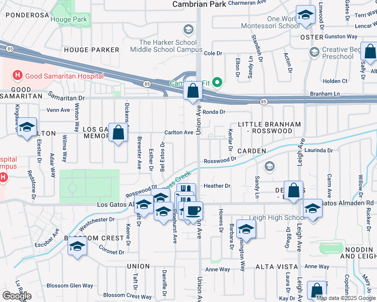 map of restaurants, bars, coffee shops, grocery stores, and more near 4960 Bel Escou Drive in San Jose