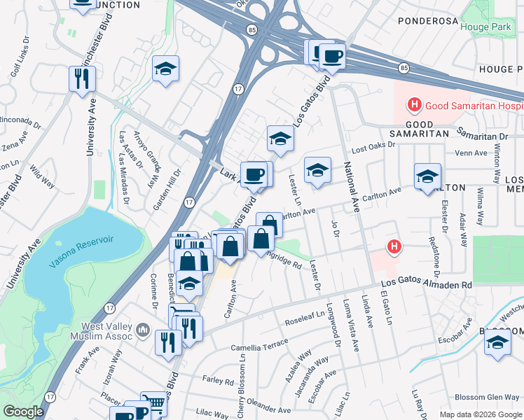 map of restaurants, bars, coffee shops, grocery stores, and more near 200 Carlester Drive in Los Gatos