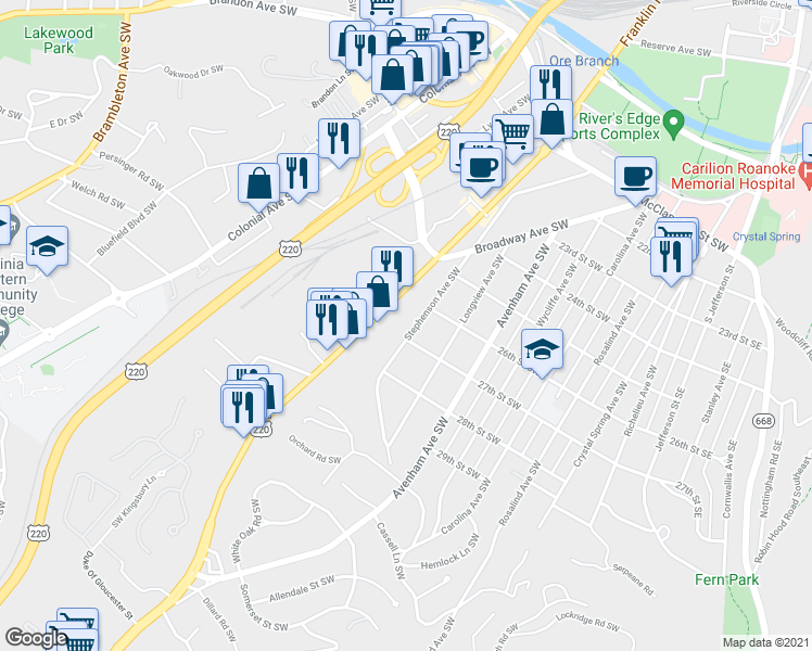 map of restaurants, bars, coffee shops, grocery stores, and more near 2625 Stephenson Avenue Southwest in Roanoke