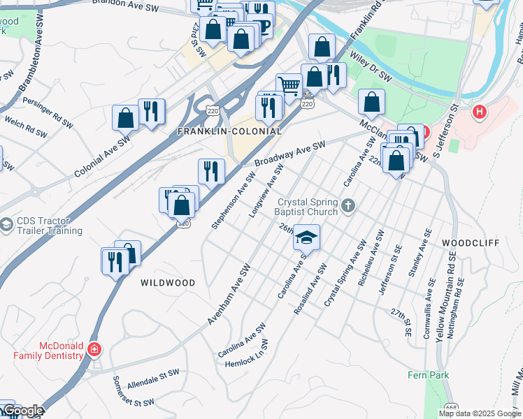 map of restaurants, bars, coffee shops, grocery stores, and more near 2530 Longview Avenue Southwest in Roanoke