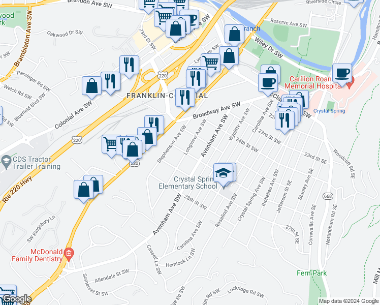 map of restaurants, bars, coffee shops, grocery stores, and more near 2530 Longview Avenue Southwest in Roanoke