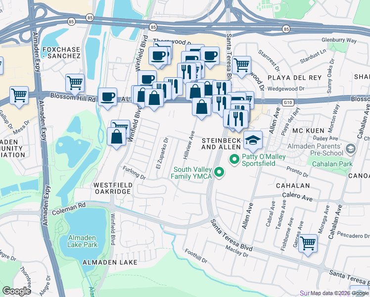 map of restaurants, bars, coffee shops, grocery stores, and more near 5871 Hillview Avenue in San Jose
