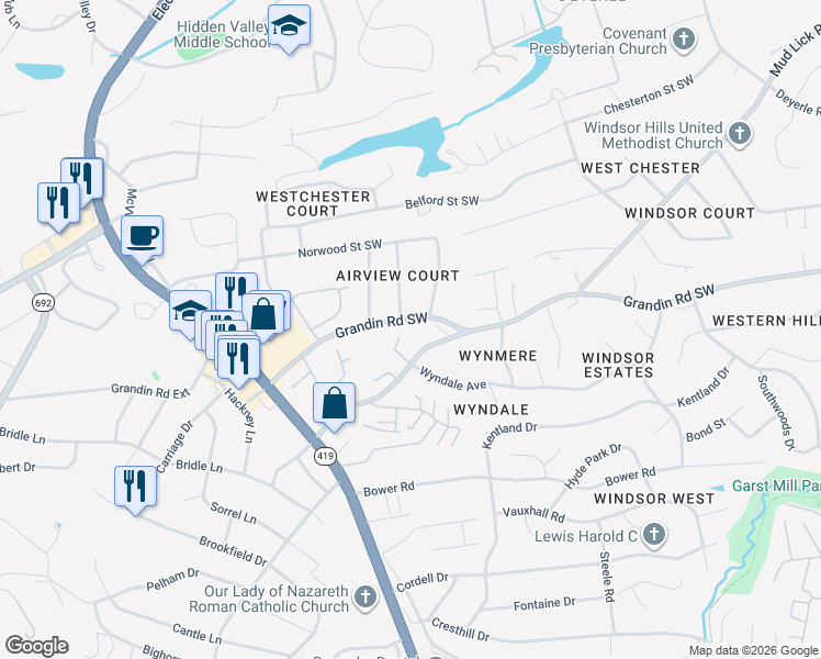 map of restaurants, bars, coffee shops, grocery stores, and more near 4621 Heather Drive Southwest in Roanoke