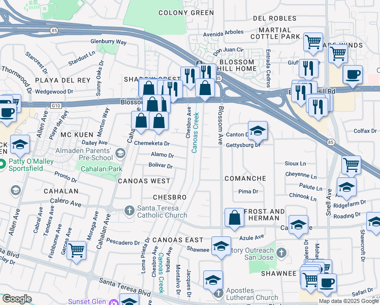 map of restaurants, bars, coffee shops, grocery stores, and more near 5743 Indian Avenue in San Jose