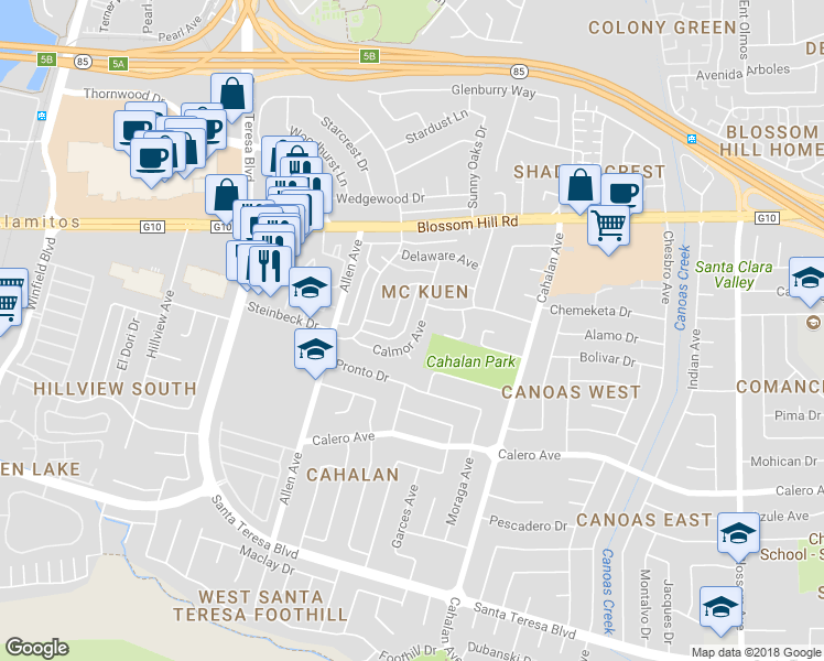 map of restaurants, bars, coffee shops, grocery stores, and more near 5672 Calmor Court in San Jose