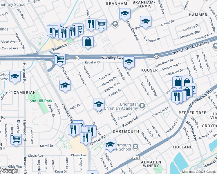 map of restaurants, bars, coffee shops, grocery stores, and more near 1584 Sabina Way in San Jose