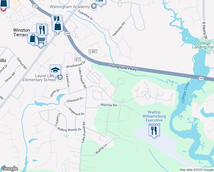 map of restaurants, bars, coffee shops, grocery stores, and more near 5605-5625 Williamsburg Landing Drive in Williamsburg