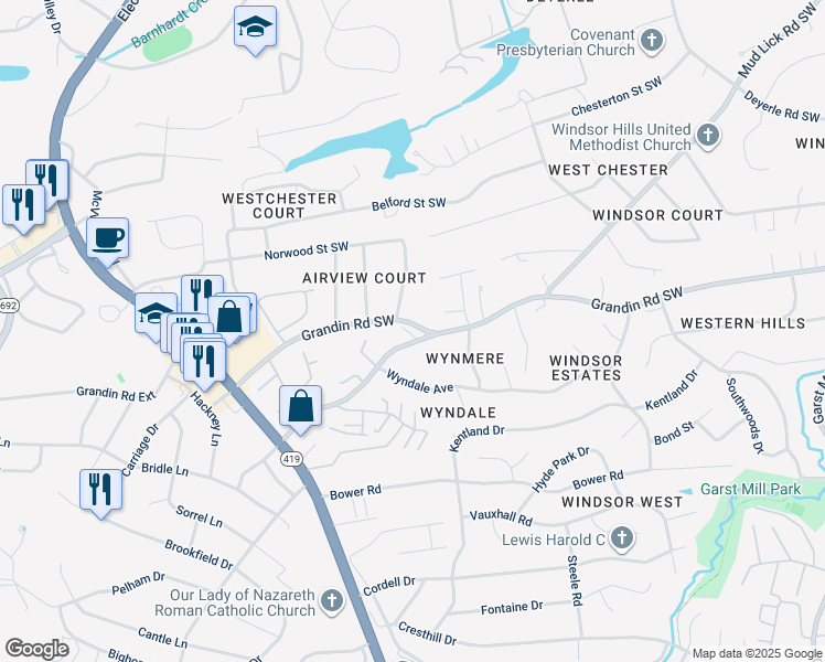 map of restaurants, bars, coffee shops, grocery stores, and more near 4510 Grandin Road Southwest in Roanoke