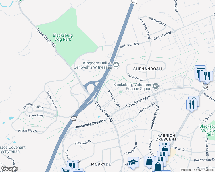 map of restaurants, bars, coffee shops, grocery stores, and more near 1403 Christine Court in Blacksburg