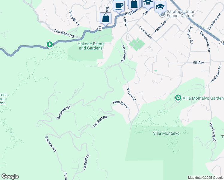 map of restaurants, bars, coffee shops, grocery stores, and more near 15269 Bohlman Road in Saratoga
