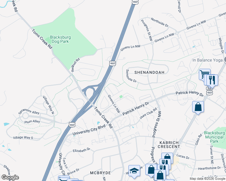 map of restaurants, bars, coffee shops, grocery stores, and more near 1403 Christine Court in Blacksburg