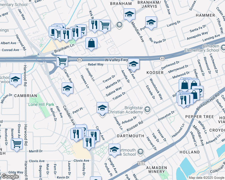 map of restaurants, bars, coffee shops, grocery stores, and more near 1584 Sabina Way in San Jose