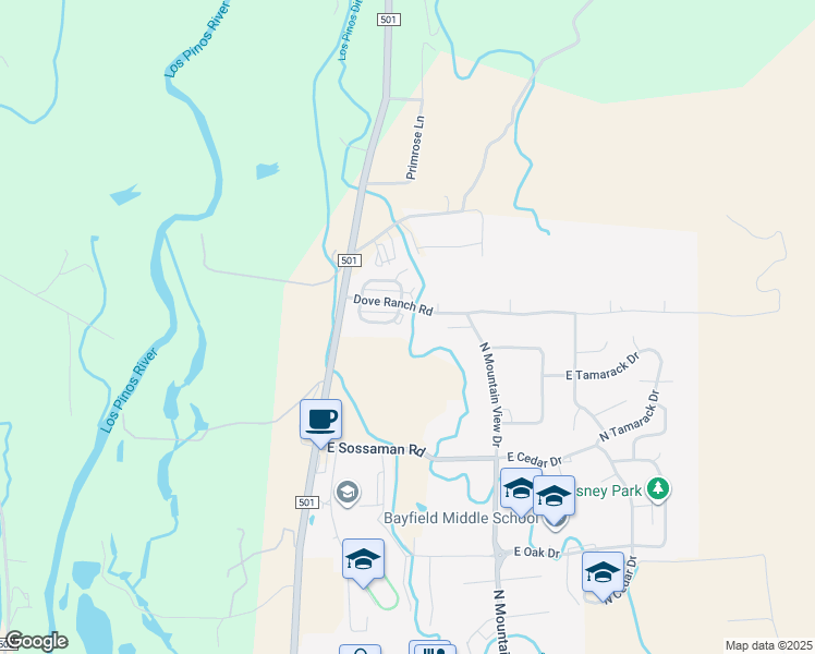 map of restaurants, bars, coffee shops, grocery stores, and more near 1634 South Taylor Circle in Bayfield
